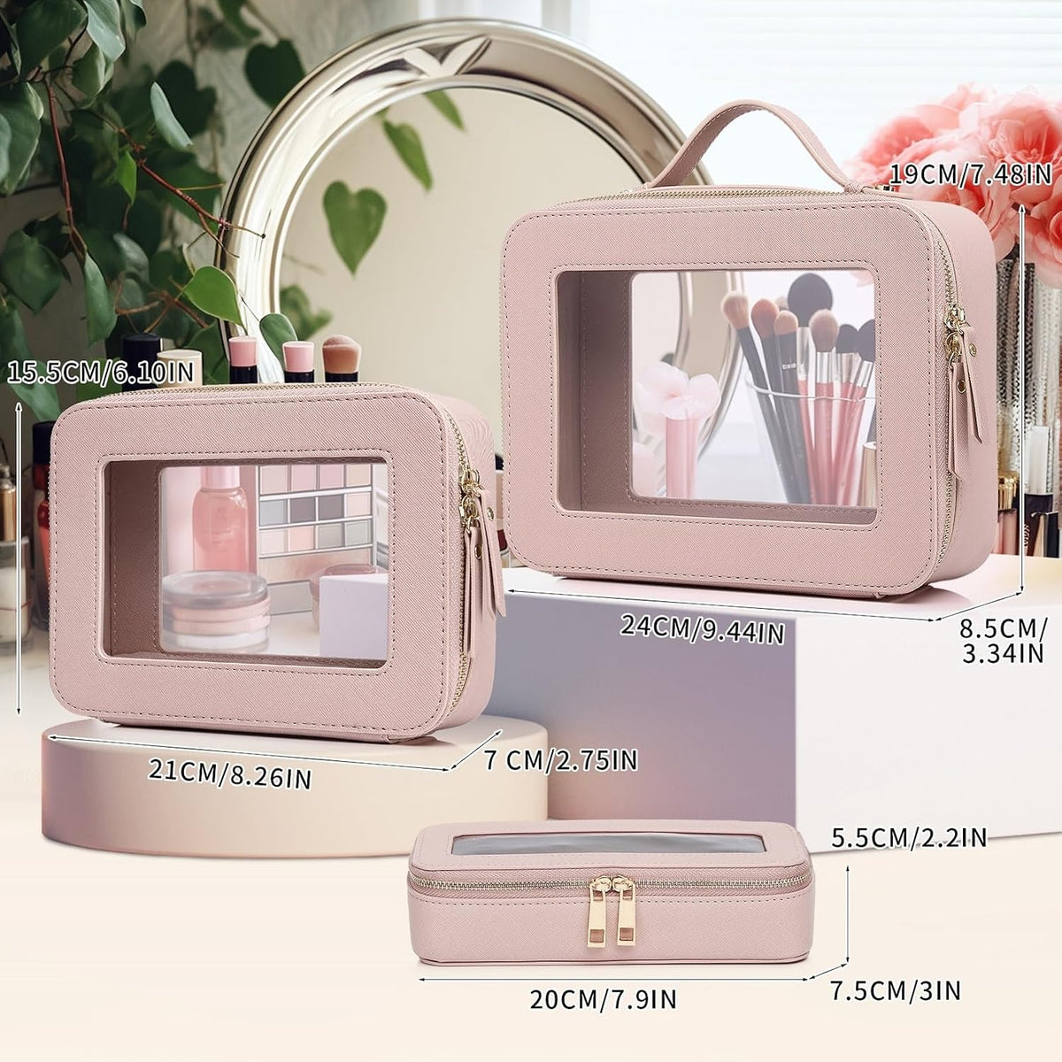 Pinkmik Clear Makeup Bag, (Pink, L+M+SLIM), 3pcs