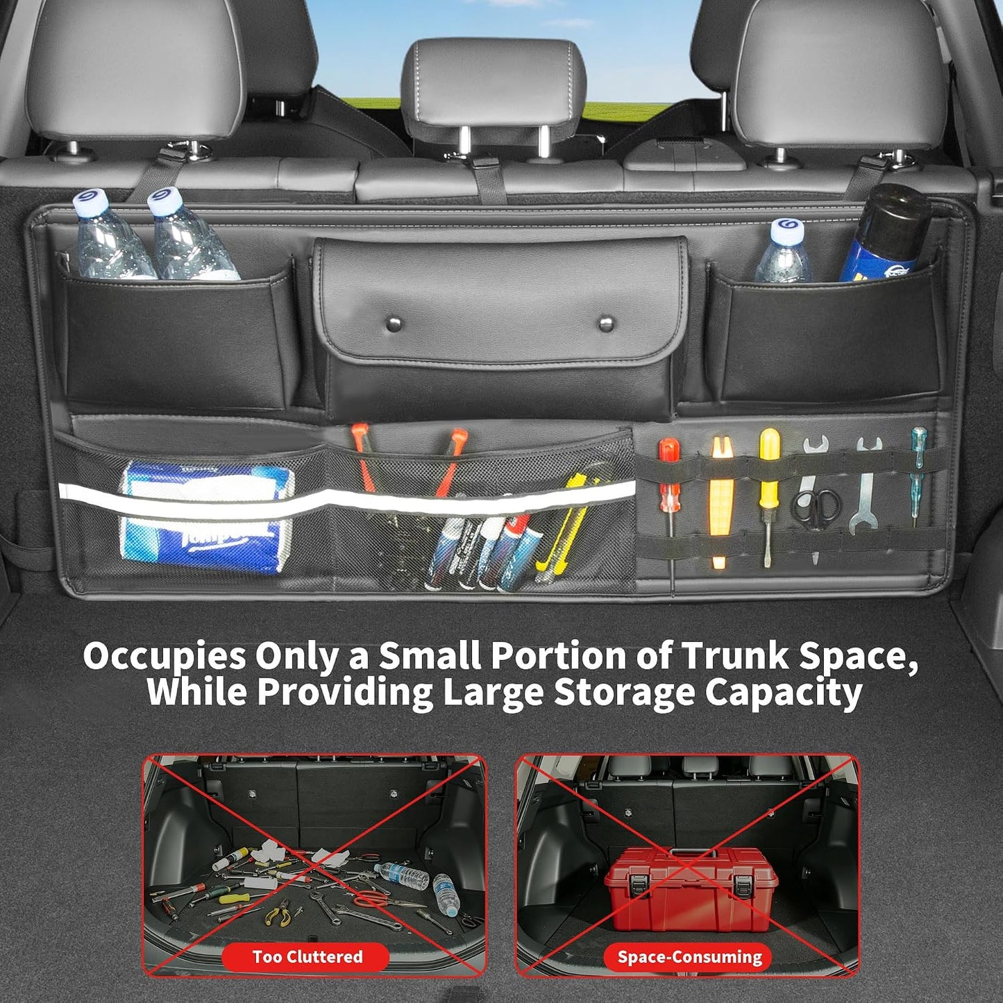 Back Seat Trunk Organizer Backseat Hanging Cargo Storage for Cars, SUVs, Trucks, Jeeps, Vans, RVs & MPVs, Large Capacity Car Accessories Interior
