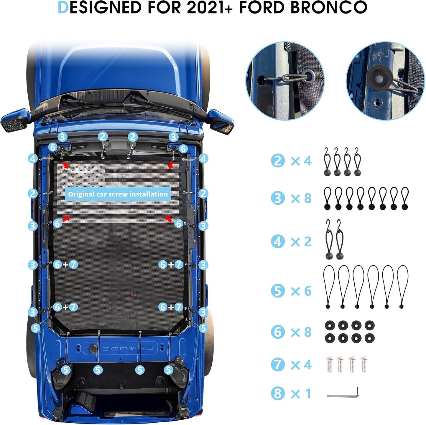 sukemichi Sunshade for Ford Bronco,Mesh Sun Shade Bikini Top Cover Bimini Top for Ford Bronco Accessories 2021 2022 2023 2024 2025 2026 4 Door - Blocks UV, Wind, Noise, (Flag)