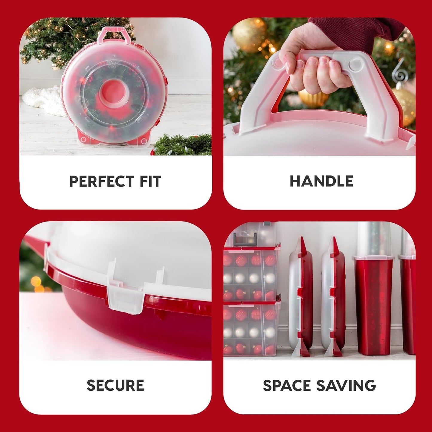 IRIS USA 24" Wreath Storage Container With Latches and Handle, 2 Pack, For Holiday Garland/Wreath, Holiday Decorations, and Heavy Duty, Portable, High Protection, and Space Saving Storage, Clear/Red