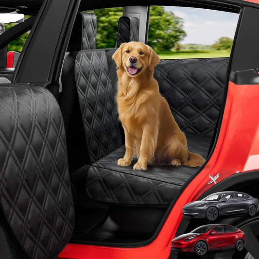 Dog Car Seat Cover for Back Seat Compatible with 2020-2026 Tesla Model Y — Hard Bottom Pet Travel Hammock with Seat Extender, Waterproof Backseat Dog Cover with Door &amp; Headrest Protectors