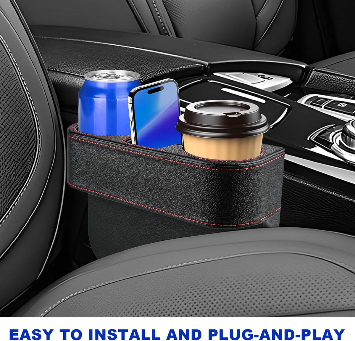 Car Seat Gap Filler Organizer, Leather Auto Front Seat Storage Organizer with Cup Holder, Multifunctional Cup Drink Holder Side Extra Coin Bucket for Cars Trucks SUVs (Black)