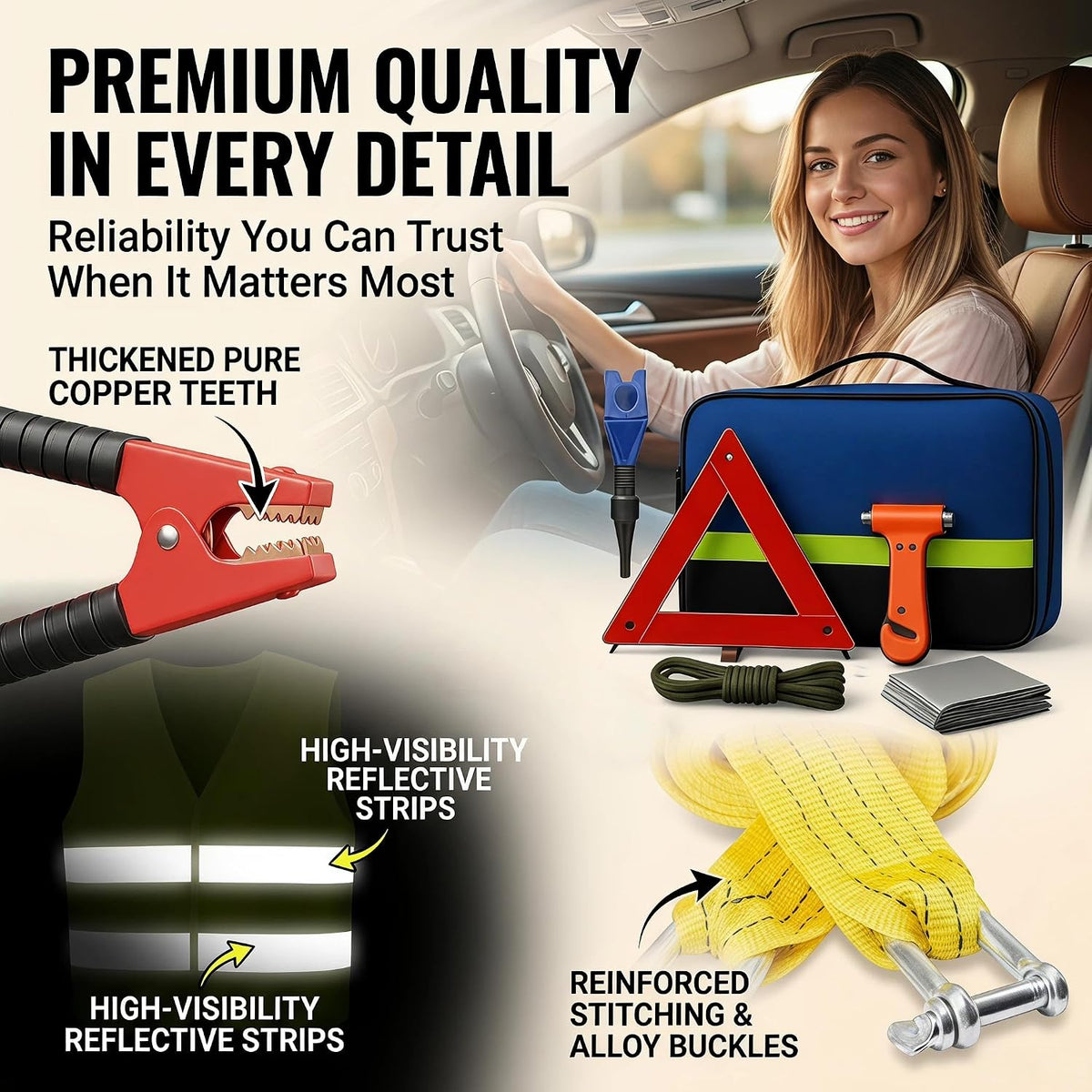 Car Roadside Emergency Kit with Jumper Cables & Tow Rope