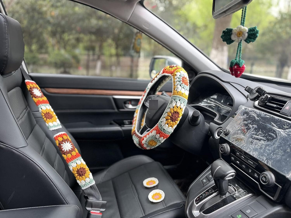 Steering Wheel Cover,Handmade Crochet Rainbow Sunflower Granny Square Steering Wheel Covers (Steering Wheel Cover+1strawberry)