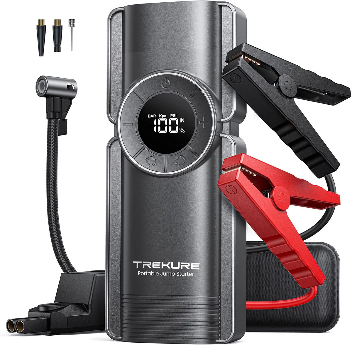 TREKURE Portable Car Jump Starter with Air Compressor, 150PSI 7000A Car Battery Jump Starter Battery Pack (9L Gas/8L Diesel), Safe Jumper Starter Portable Jump Box with Display, Emergency Light