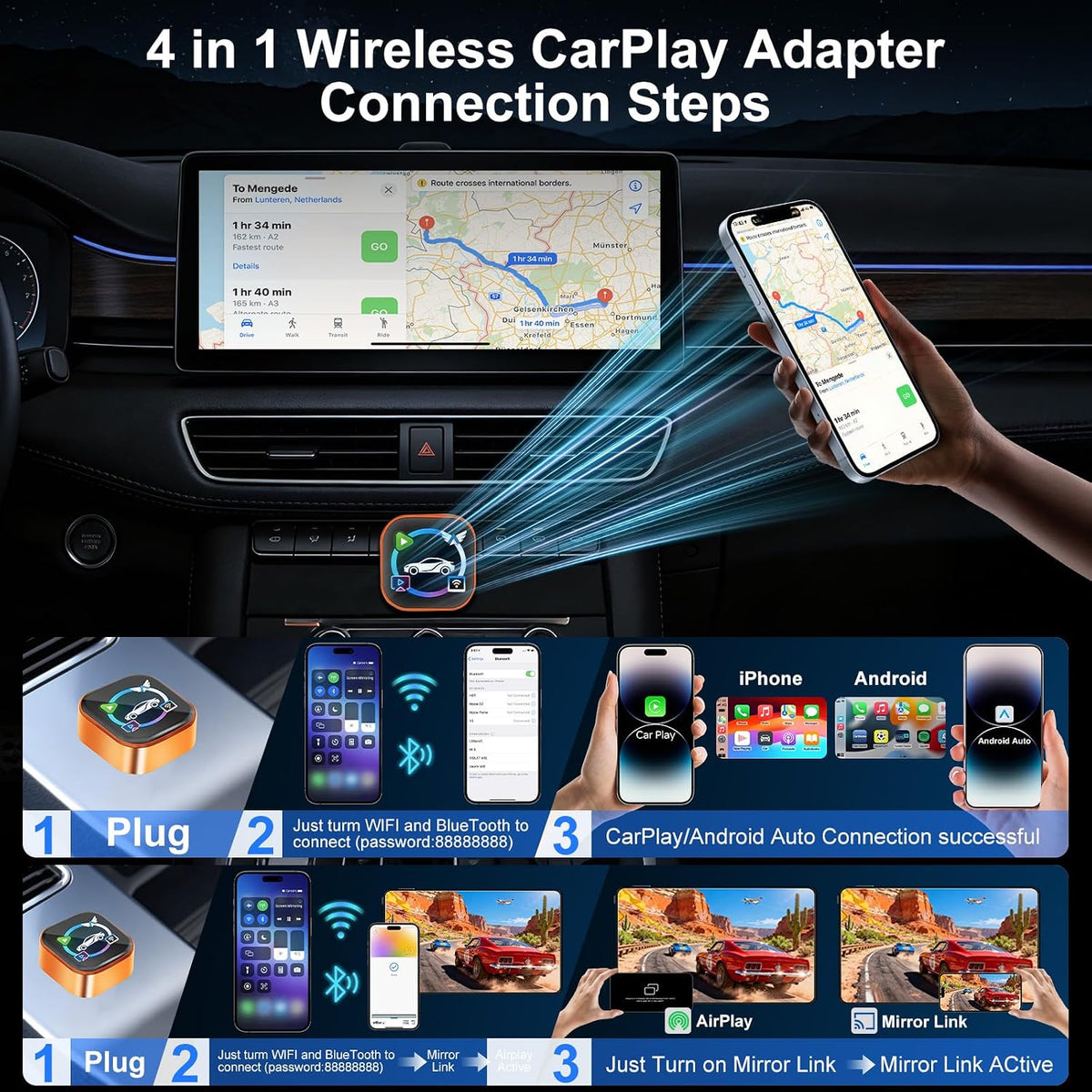 4 in 1 Wireless CarPlay Adapter, Cars Screen Mirroring Play Adapter Device