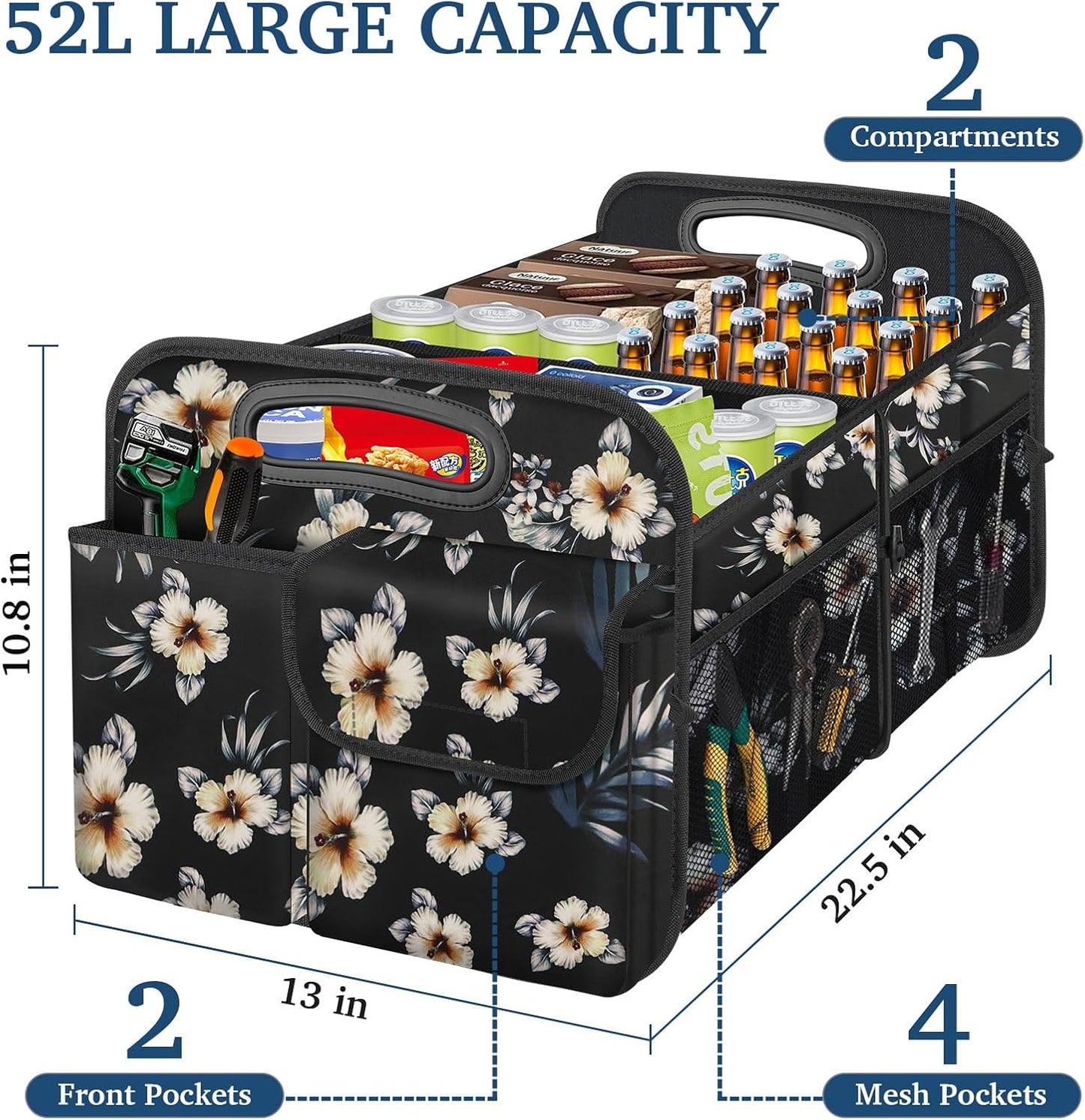 Femuar Car Trunk Organizer, Car Storage Organizer with Large Capacity Waterproof Collapsible Trunk Organizer for Car Suv/Jeep/Sedan (Hibiscus flowers, Standard)