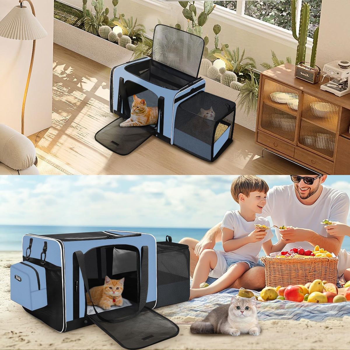 24"x17"x17" Petskd Side Expandable Extra Large Cat Carrier with Litter Box Area for Car Travel, Collapsible Soft Large Pet Carrier or 2 Cats Under 55LBS with Seat Belt Buckles(Blue)