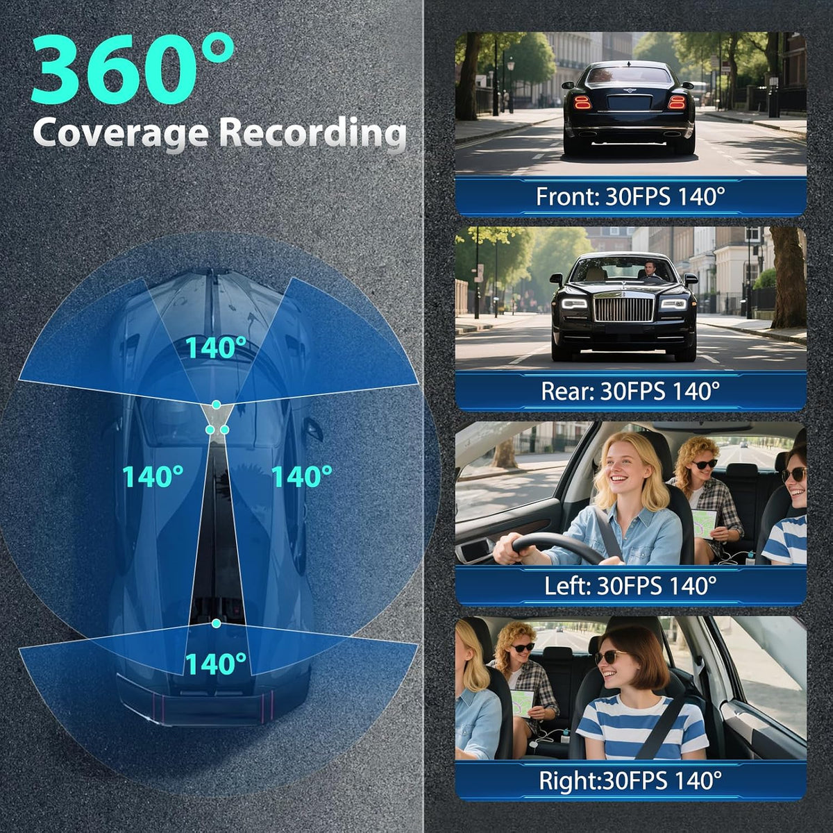 Dash Cam 4 Channel 360° Coverage - Front 4K + Triple 1080P HD Car Camera Built-in WiFi Car Camera with App, G-Sensor/Night Vision/Parking Mode/Loop Recording Free 64GB SD Card