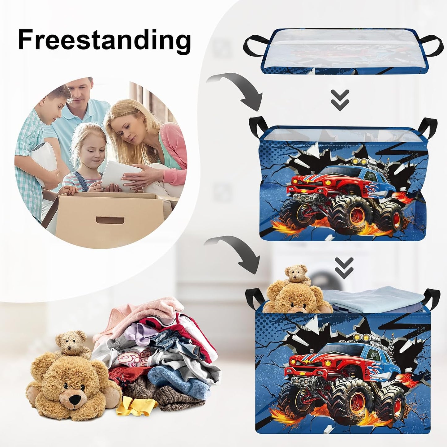 Racing Car Baby Laundry Hamper with Handle Clothes Kids Storage Basket Collapsible Boys Gift Toy Box Bin for Nursery Room, Blue, 36L