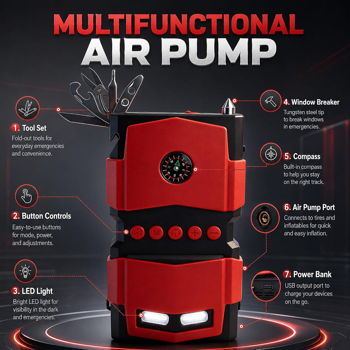 Car Jump Starter with Built-in Air Compressor, Portable Car Battery Jump Box, Multifunctional Tire Inflator, Emergency Car Battery Booster Pack for Cars, Motorcycles, Trucks