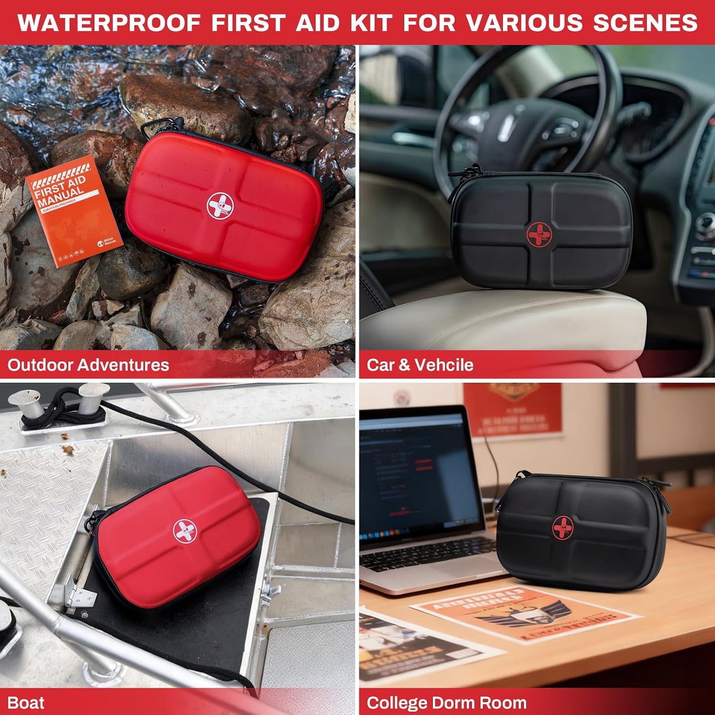 RHINO RESCUE EVA First Aid Kit, Small Waterproof Backpack Emergency Hiking First Aid Kit for Backpacking, Medical Kit for Travel, Home, Car, College Dorm, Camping, Boat, Back to School (Black)