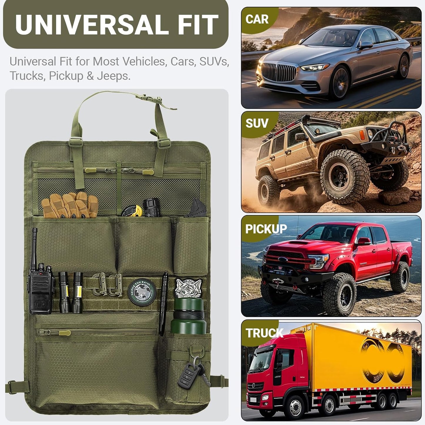 Tactical Car Seat Organizer with Multiple Pockets, MOLLE Panel System & Mesh Compartments, Durable Nylon Universal Vehicle Seat Back Storage with Cup Holder, Water-Resistant (Army Green)