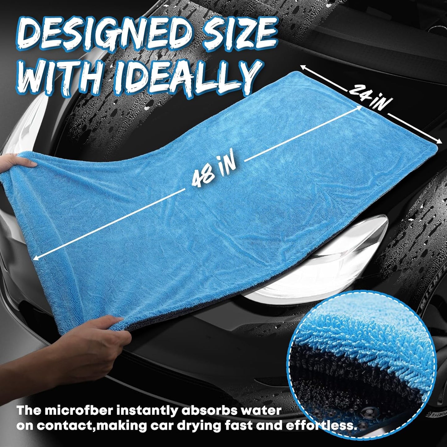 Metyond 48”x24” Car Drying Towel for Full-Sized SUV, Dual Sided Microfiber Car Cleaning Towel with Twisting Yarn Technique, 1400GSM Super Absorbent Scratch-Free, Machine Washable (Dark Gray - Blue)