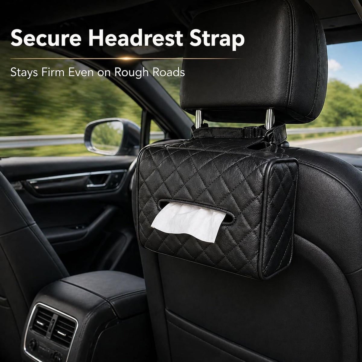 Luxury Quilted Car Tissue Holder – Headrest-Mounted Tissue Box for Cars, SUVs & Trucks – PU Leather Tissue Dispenser with Secure Strap – Easy One-Hand Access (Black)