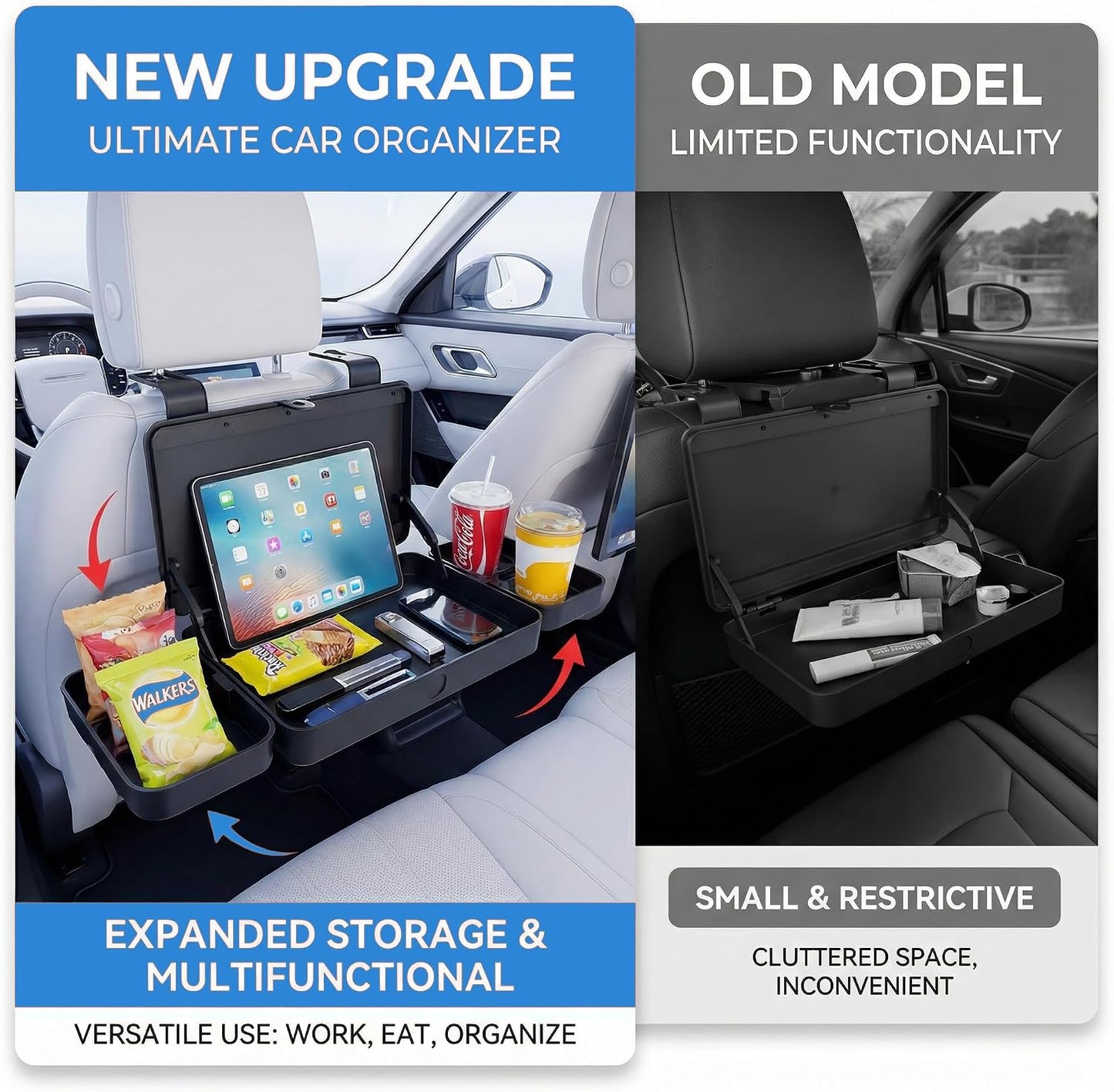 Car Back Seat Tray Table - Foldable & Adjustable Travel Desk for Eating, Working, Gaming | Sturdy Plastic Snack Lap Tray for Adults | Fits SUV, Sedan, Minivan (Folding Storage Box)