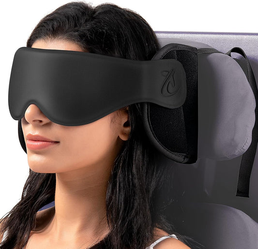 Travel Pillow, Airplane Neck Pillow with 3D Eye Mask for Sleeping, Round Edge Plane Head Strap 360°Headrest Support for Long Flight, Stop Bobblehead, Travel Essential for Car Road Trip Black