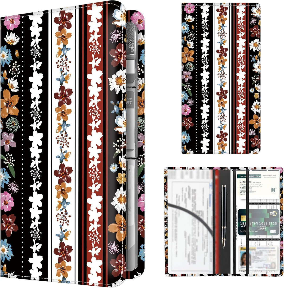Premium Car Registration and Insurance Card Holder, Cute PU Leather Car Document Holder, Vehicle Glove Box Car Organizer with Magnetic Closure for Driver License, Cards Stripe Floral