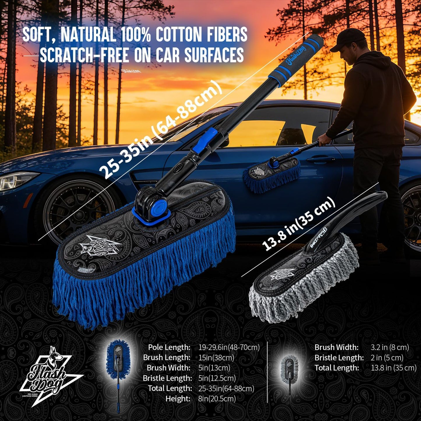 Flash Dog Car Duster Exterior with Car Duster Interior | Wax Cotton Hair Scratch Free Cleaning for Cars, SUVs, Trucks | Waterless Dust Remover &amp; Detailing Brushes Set with Storage