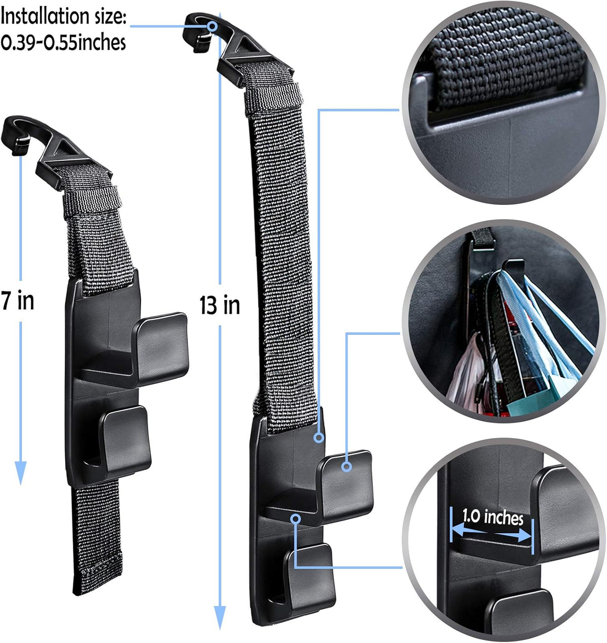 matteblack Magic Hanger Headrest Holder Organizer, Behind Over The Seat Car Hooks-Hang Purse Grocery Bags-4Pack (Frosted Black)