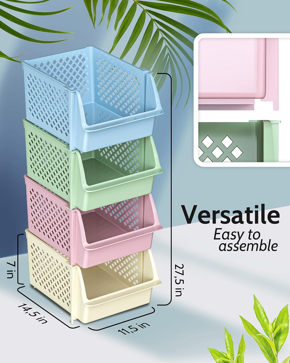 Skywin Stackable Storage Bins Open Front for Pantry Storage, 4 Pack - Multi | Sturdy Plastic, Easy Stacking, Open Front Access, Ventilated Sides, Vertical & Space Saving Pantry Organizers and Storage Bin