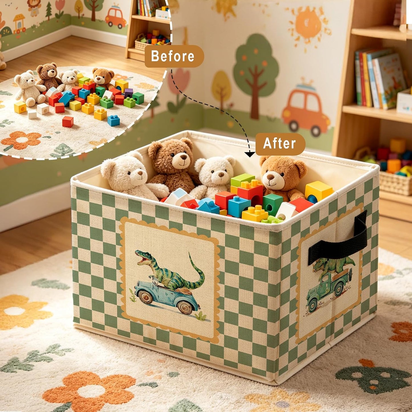 Green Checkered Dinosaur Truck Storage Bins Box, Funny Cute Dino Car Foldable Storage Basket with Handles for Playroom Bedroom Bathroom Home Toys Clothes Books Organizer