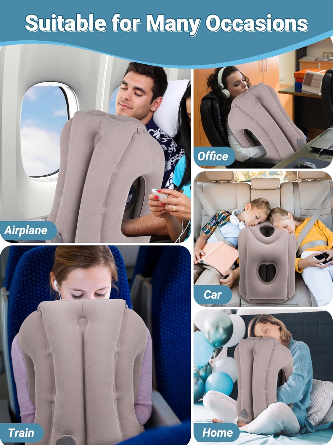 Maliton Inflatable Travel Pillow for Airplane Comfortable Sleeping to Relieve Neck and Shoulder Pain, Support Head Inflatable Pillow for Long Flights, Used for Airplanes, Cars, Trains, Office (Grey)
