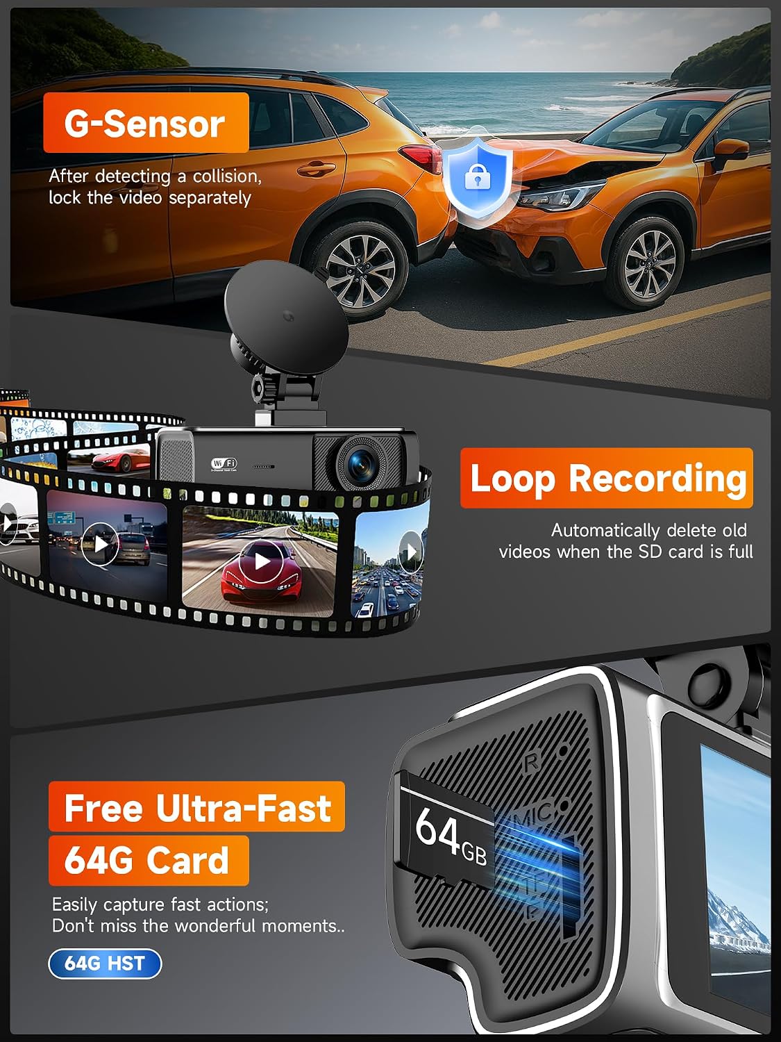 3 Channel Dash Cam Front and Rear Inside, 2.5K Front Cabin Recorder with Super Night Vision, WiFi App Control, Loop Recording, G-Sensor, 24H Parking Mode Dash Camera for Commuters & Family SUV