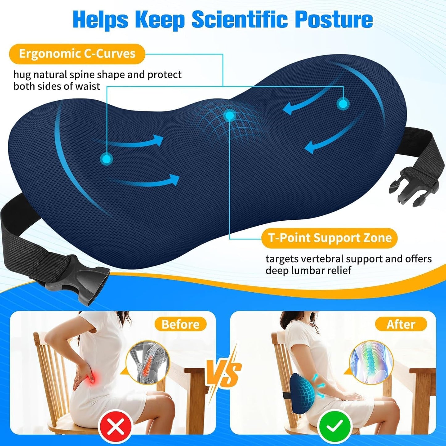SweetSlubr Lumbar Support Pillow for Office Chair - Memory Foam Lumbar Pillow with Detachable Strap & Breathable Cover, Ergonomic Back Support for Office Chair, Car Seat Cushion, Bed Rest (Blue)