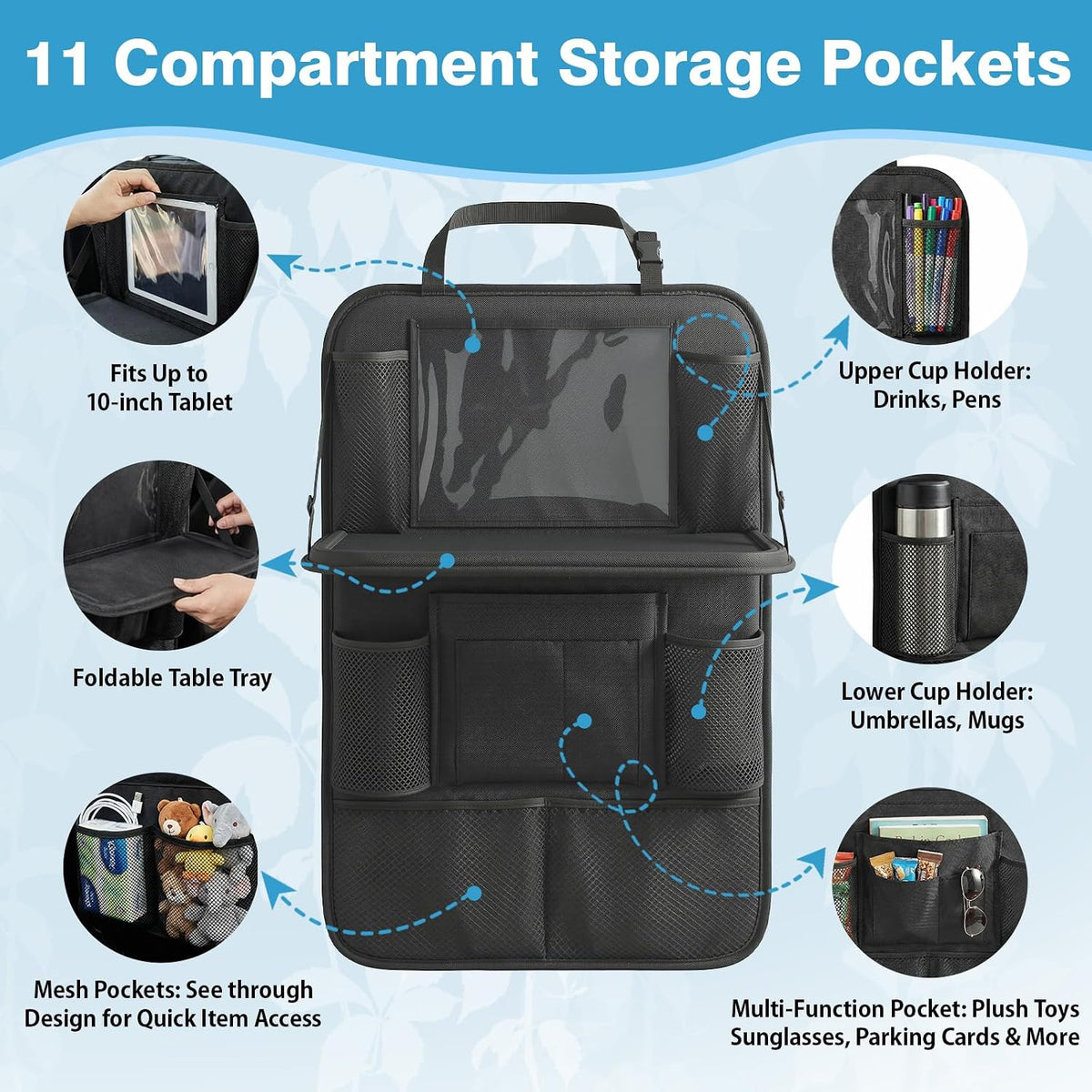 Car Backseat Organizer with Foldable Table Tray & Touchable Tablet Holder