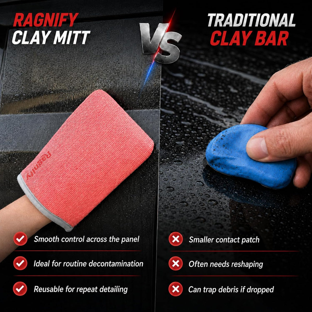 Ragnify Pack of 2 Clay Mitt Auto Detailing Medium Grade Clay Bar Alternative Mitt for Flawless Removal of Surface Bonded Micro Contaminant (Red)