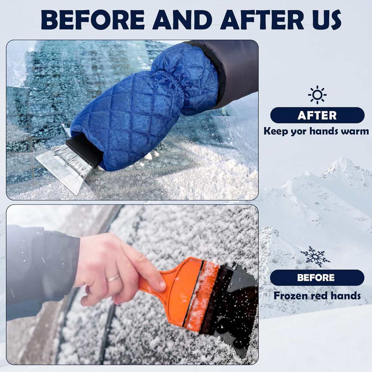 9 Pack Ice Scraper with Glove for Cars Windshield with Mitt Snow Warm Scraper Remover Waterproof Cozy Car Ice Scraper for Car Auto Truck Window Red Black Blue