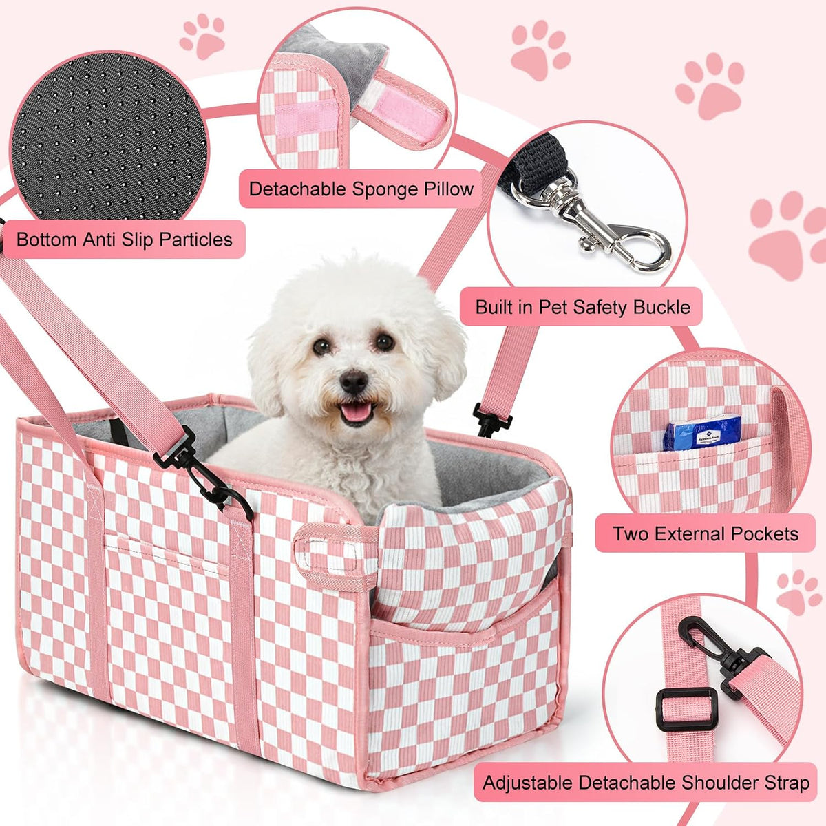 Console Dog Car Seat - Portable Dogs Armrest Booster Seat for Small Dog, Foldable Pet Car Seat with Safety Belt, Pink Checkered