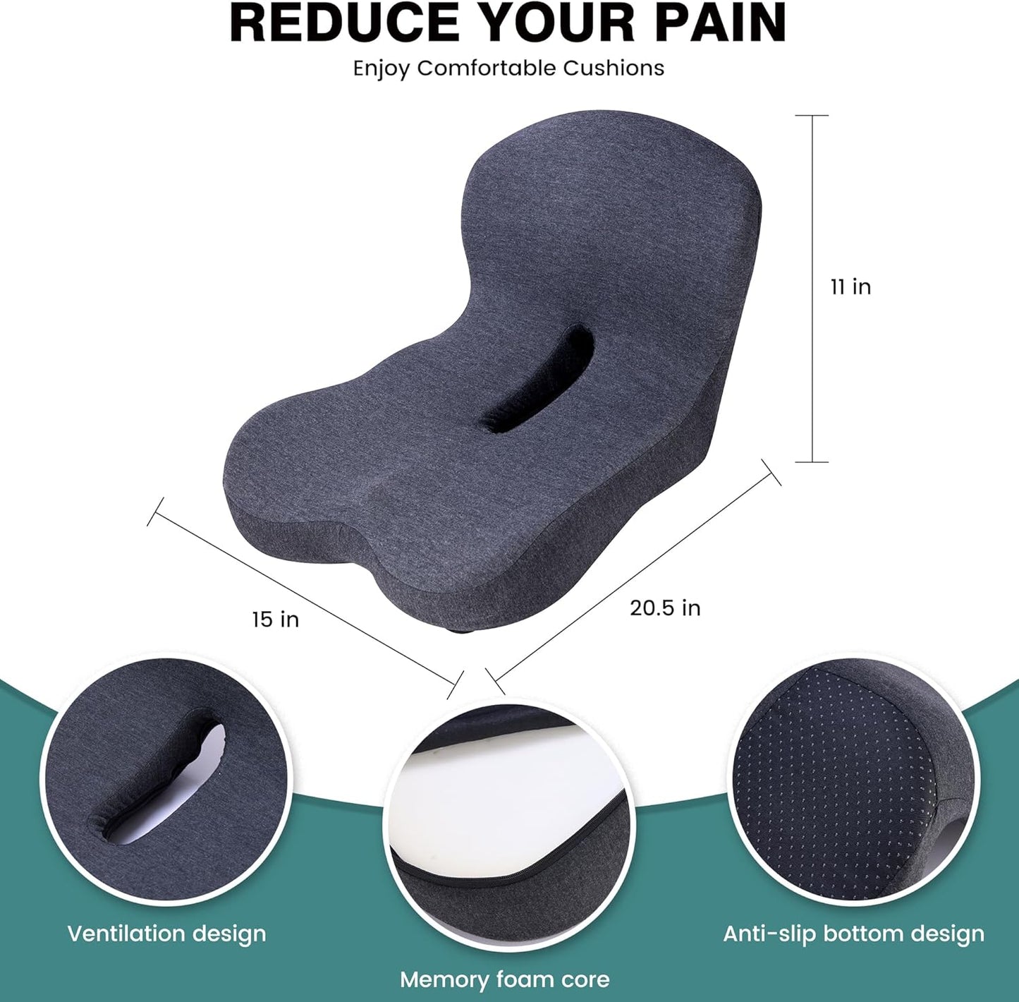 Memory Foam Car Seat Cushion – Ergonomic Driver Seat Cushion for Sciatica & Tailbone Pain, Breathable Non-Slip Car Seat Pad with Lumbar Support for Car, Truck, SUV, Office Chair