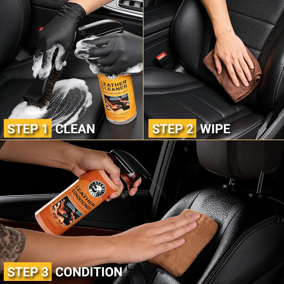 Car Leather Cleaner and Conditioner Kit, Leather Care Cleaning Kit with Horse Hair Cleaning Brush - Safe for Car Interiors, Furniture, Boots, Bags & Apparel - Deep Cleaning, Non-Greasy Restorer