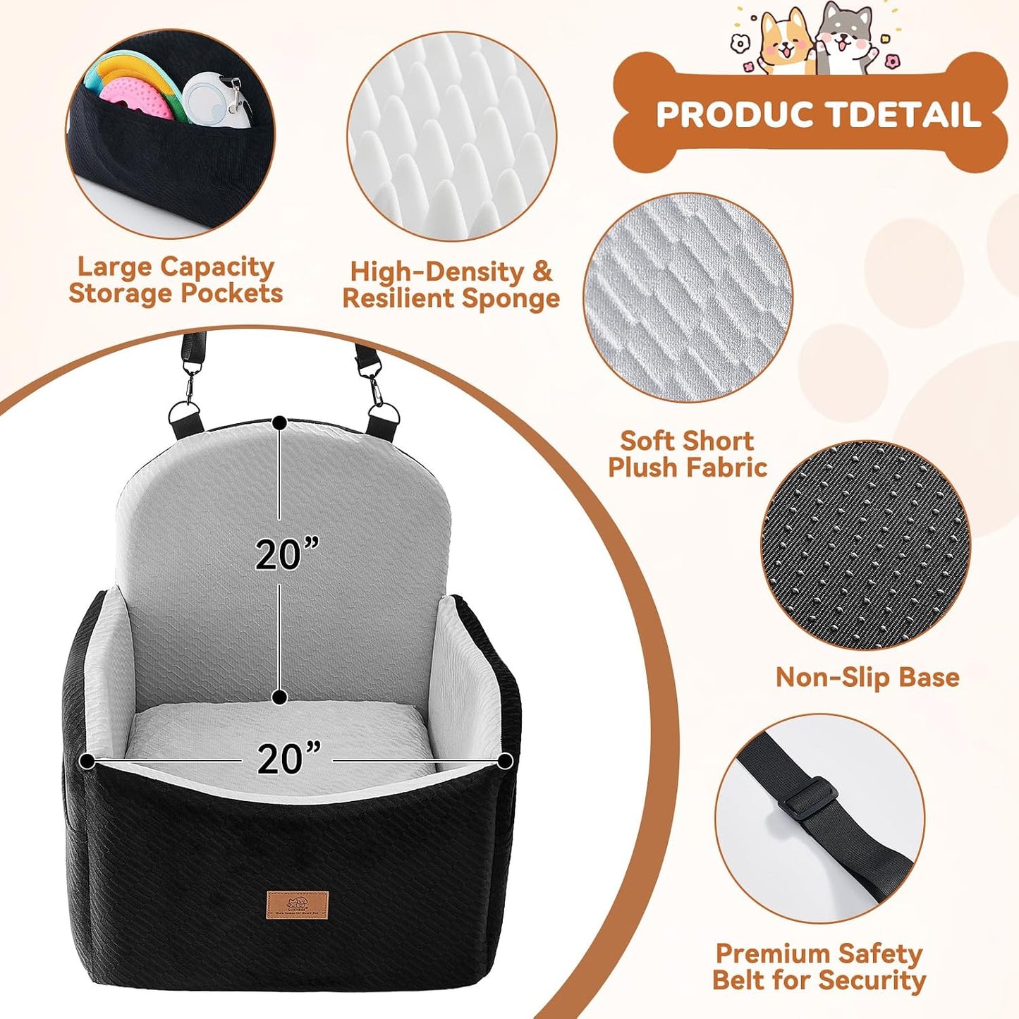 Dog Car Seat for Medium/Small Dogs, Dog Booster Car Seat, Pet Booster Seats Up to 40lbs with Waterproof Layer, 3 Storage Pockets and Safety Belt (Black/Grey)