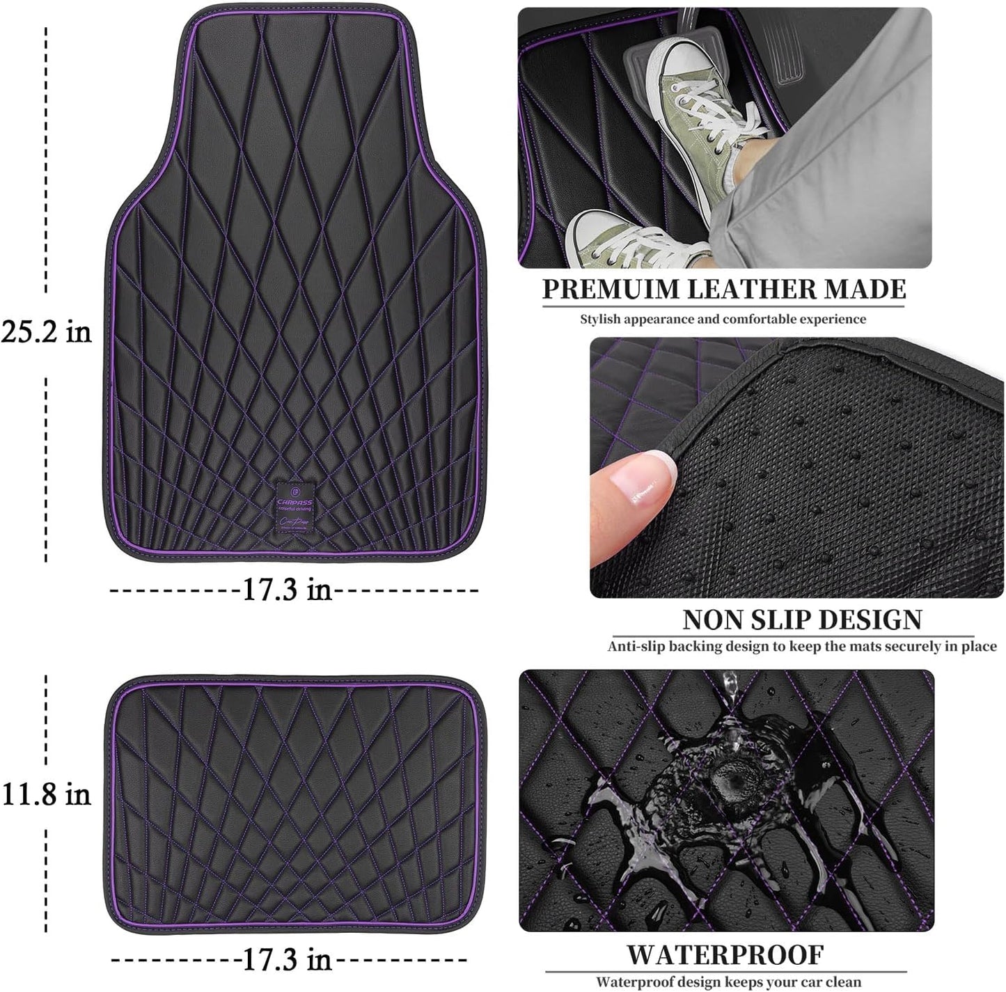 CAR PASS Faux Leather Floor Mats for Cars, Luxury Waterproof All Weather Car Mats Full Set, Anti-Slip Deluxe Automotive Mats Universal Fit for Most SUV Vans Sedans Trucks, 4 Piece Black and Purple