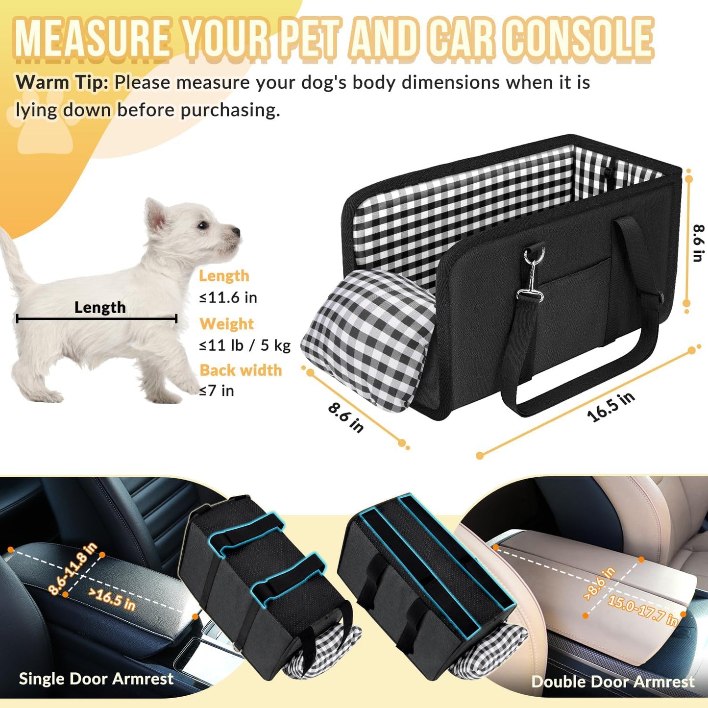SlowTon Console Dog Car Seat - Portable Dogs Armrest Booster Seat for Small Dog, Anti-Collapse Pet Car Seat with Soft Cushion Safety Belt, Support Pet Up to 11lbs (Black)