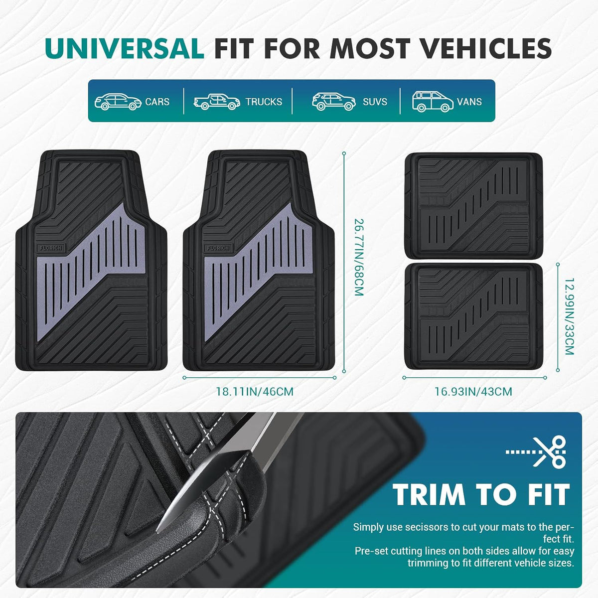 FLORICH Car Floor Mats, Heavy Duty All-Weather Floor Mats for Cars, Deep Dish Car Mats with Anti-Slip Backing, Waterproof Universal Full Set 4PCS, Trim-to Fit Floor Mats for Cars Trucks SUV Vans(Gray)