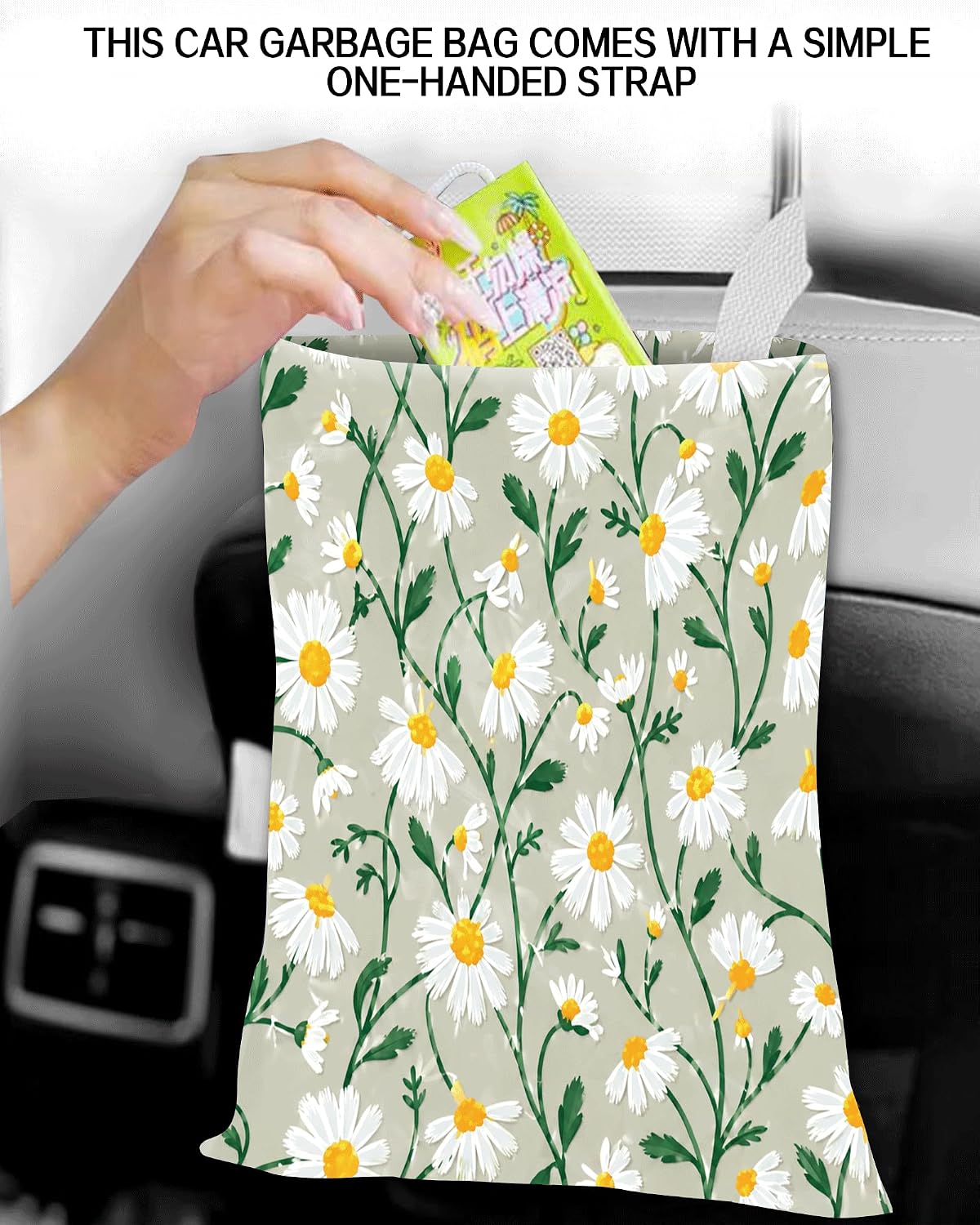 Car Trash Can, Durable Hanging Car Trash Garbage Bag, Cute Automotive Garbage Cans Organizer, Cute White Daisy Flower