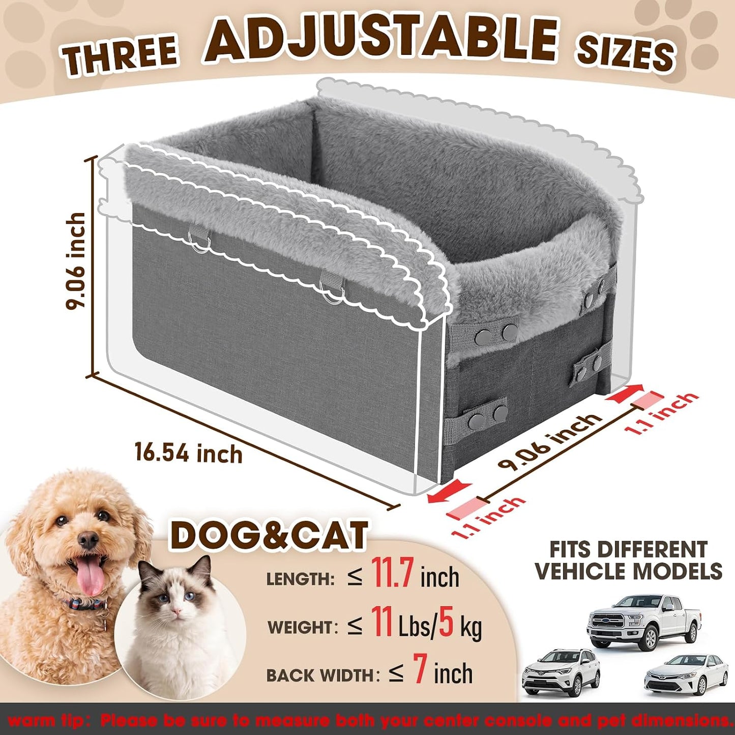 Small Dog Car Seat - Portable Center Console Puppy Booster Seats(Dark Grey) | Support Pet Up to 11lbs, Adjustable Width Travel Carseat for SUV, Small Truck, Full-size Truck