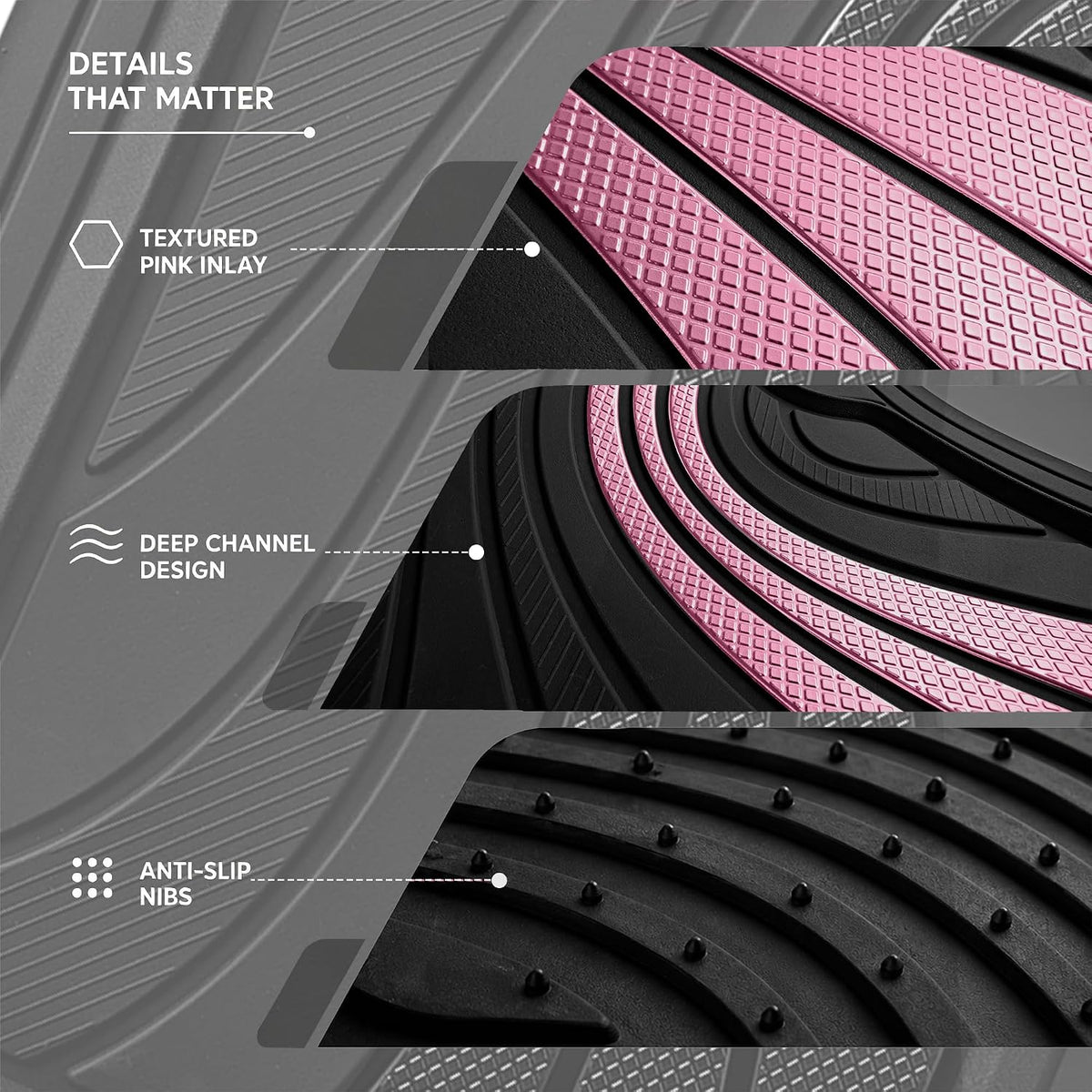 Road Comforts Car Floor Mats Full Set – Front & Rear Car Floor Mats with Aluminum Design, Anti-Slip Backing, All-Weather Protection, Trim-to-Fit Car Mats for Most Sedans, SUVs & Vans - Pink