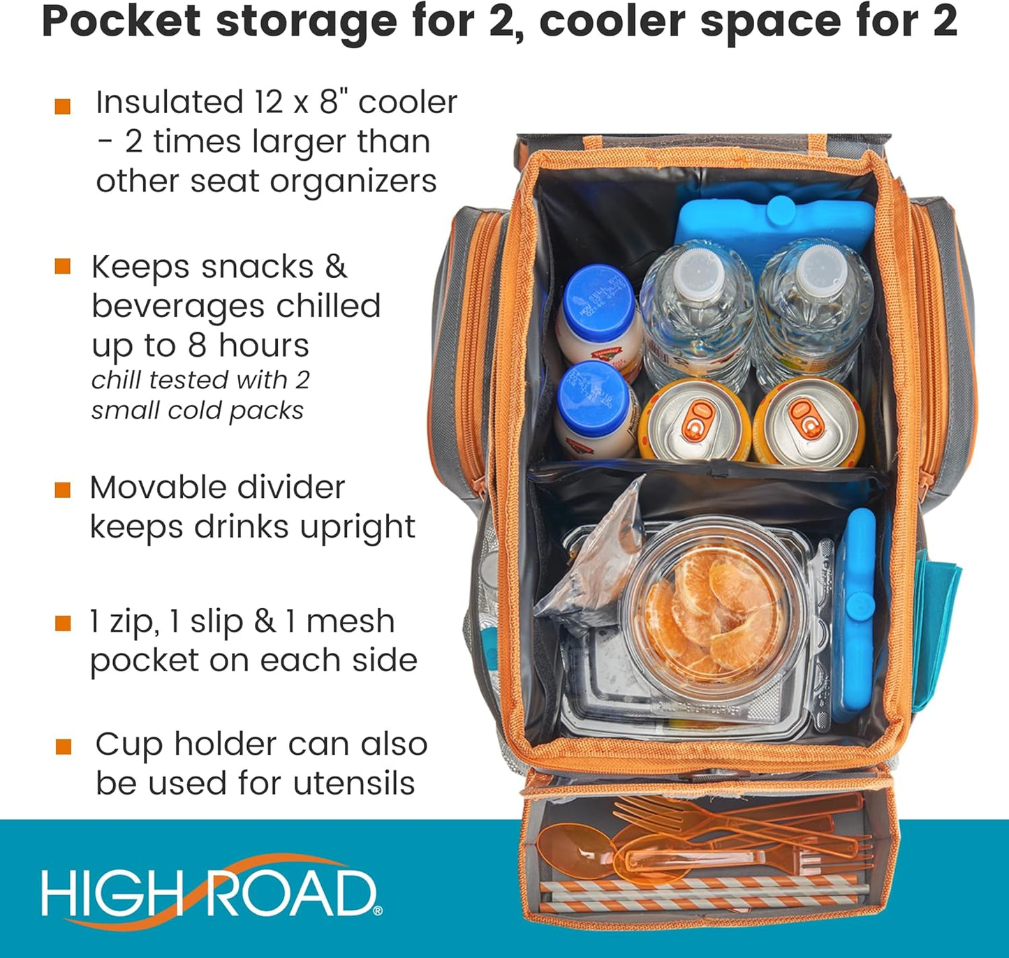 High Road CarHop Car Caddy Organizer with Road Trip Cooler, Car Cup Holder Bin, Sturdy Snack and Play Lid and 6 Organization and Storage Pockets, Gray