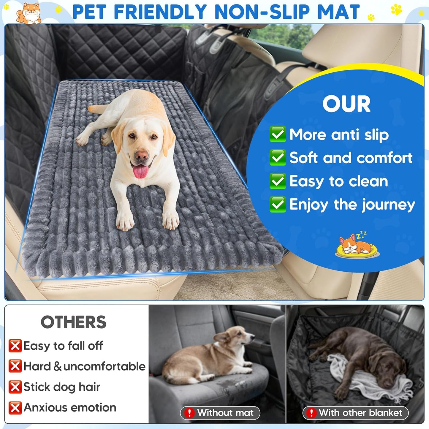 Loiion Dog Car Bed, Non-Slip Backseat Dog Bed Mat with Plush Flannel, Pet Travel Cushion for Car SUV Truck, Machine Washable Dog Seat Protector (50" L×24.6" W) Gray