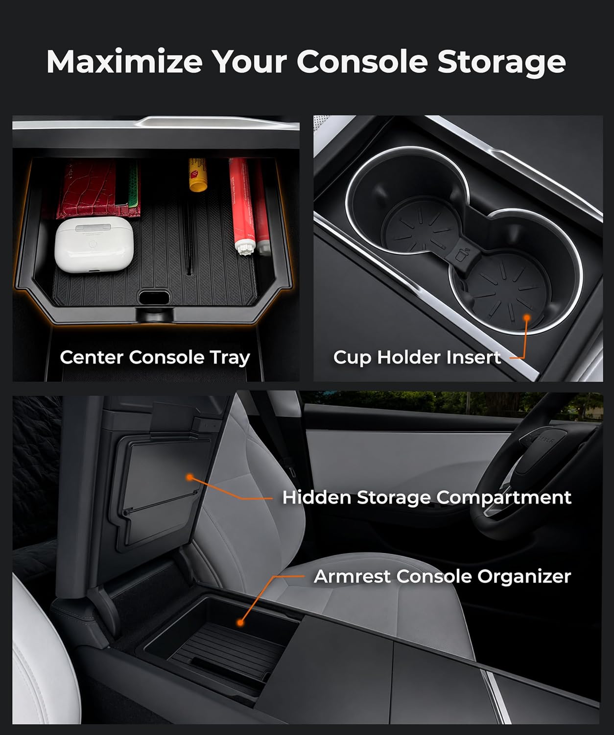 Center Console Organizer Set for Tesla Model Y Juniper (Premium & Performance 2025/26) and Model 3 Highland (All Trims 2024/25/26) – 4PCS Tesla Interior Accessories – Black