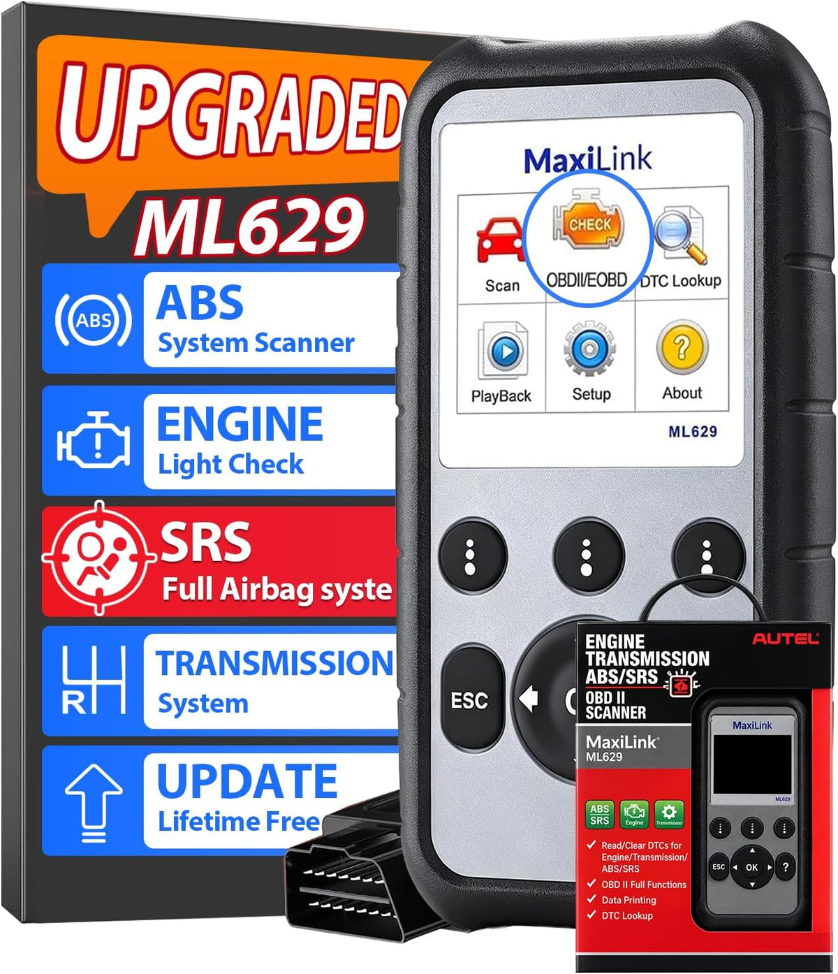 Autel OBD2 Scanner ML629, ABS SRS Engine Transmission OBD2 Diagnostic Scan Tool, Mechanic Full OBDII Code Reader w/DTC Lookup AutoVIN, OBD2 Live Data, Up of ML619/AL619/AL549/AL519/ML519