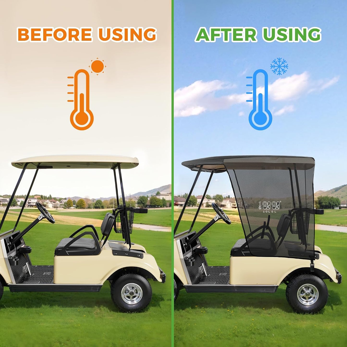 10L0L 2 Passenger Golf Cart Sun Shade Cover for EZGO TXT RXV & Club Car DS Precedent Tempo - Foldable UV Protection Cover Heat Blocking Design, Black