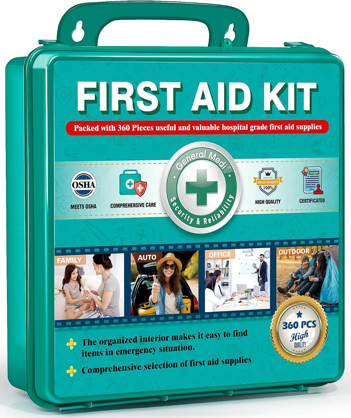 General Medi 120 Pieces Hardcase First Aid Kit - First Aid Box Includes Instant Cold Pack, Emergency Blanket for Travel, Home, Office, Vehicle, Camping, Workplace & Outdoor