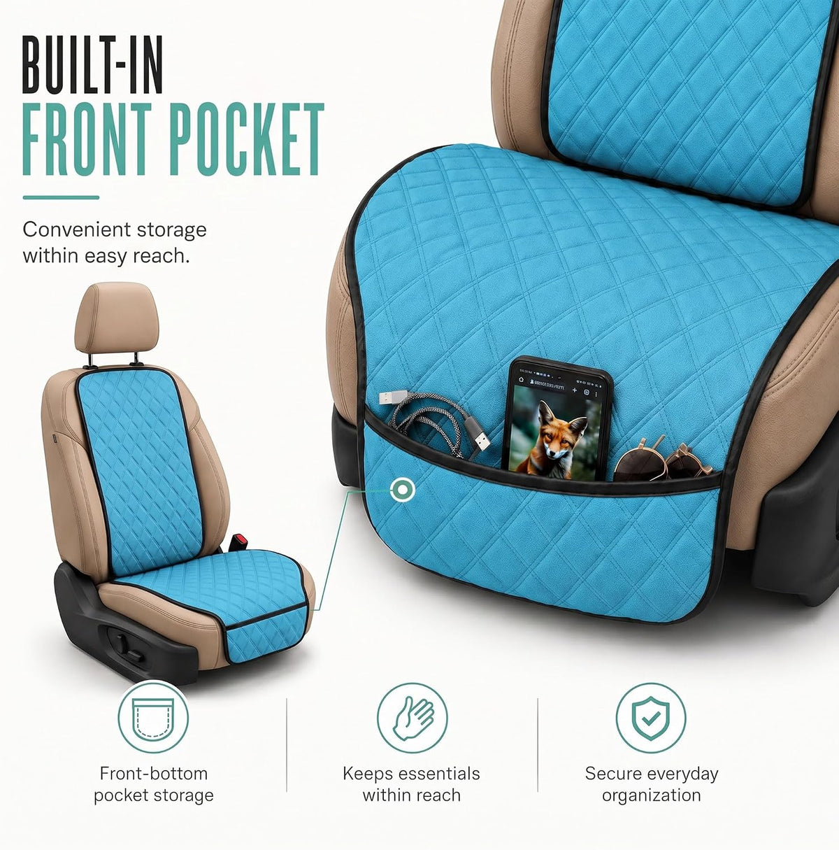 FH Group Car Seat Cushion – Neosupreme Single Front Seat Cover with Front Pockets, Airbag Compatible, Universal Fit Car Seat Cushion for Driver or Passenger Seat, SUV, Truck, Sedan & Van – Aqua