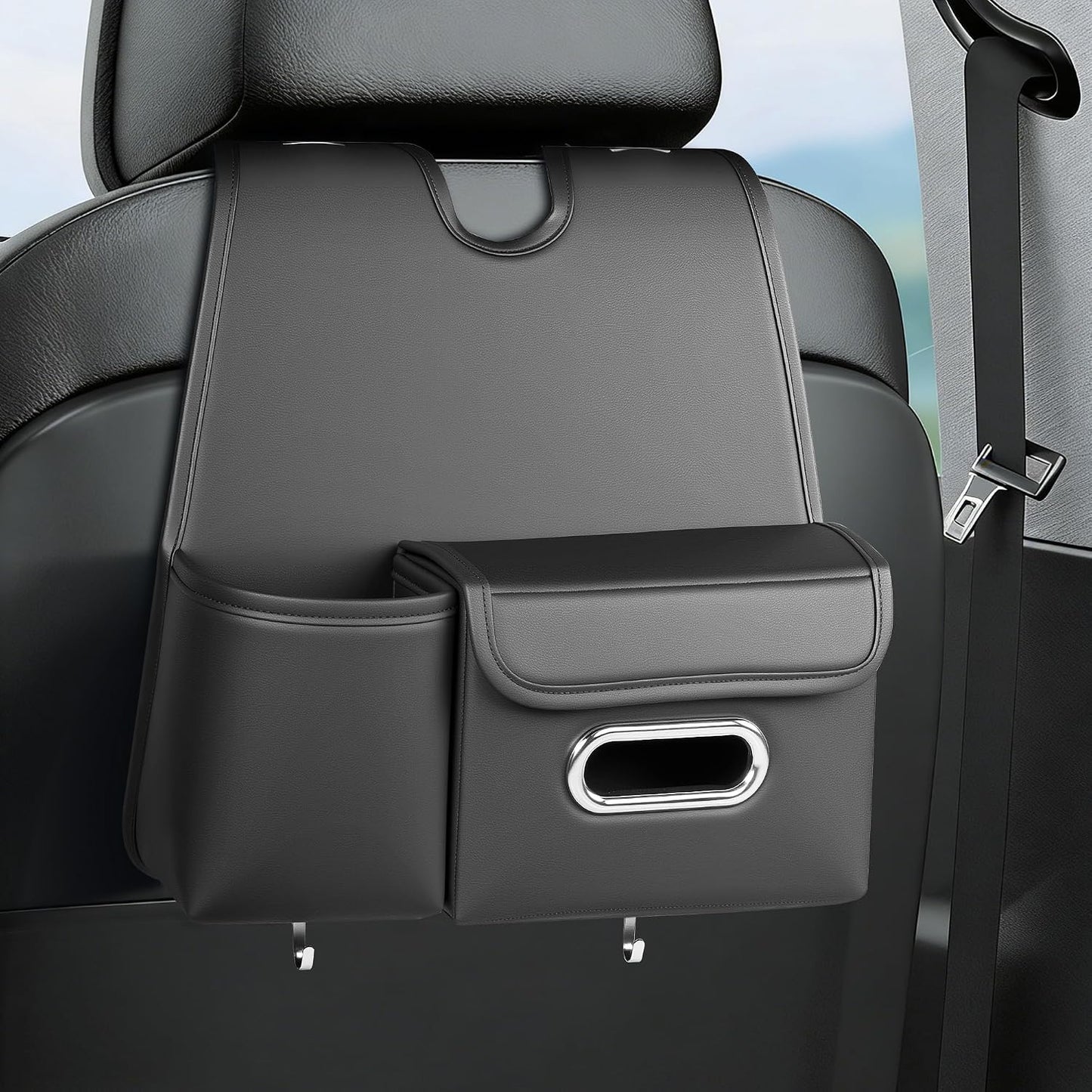 Upgrade Seat Back Organizer for Car – PU Leather Multi-Pocket Hanging Storage Bag with Bottle Holder & Travel Tidy Pouch Pocket Kids, Tissue Holder Large-Capacity Backseat Organizer , Black 1PC